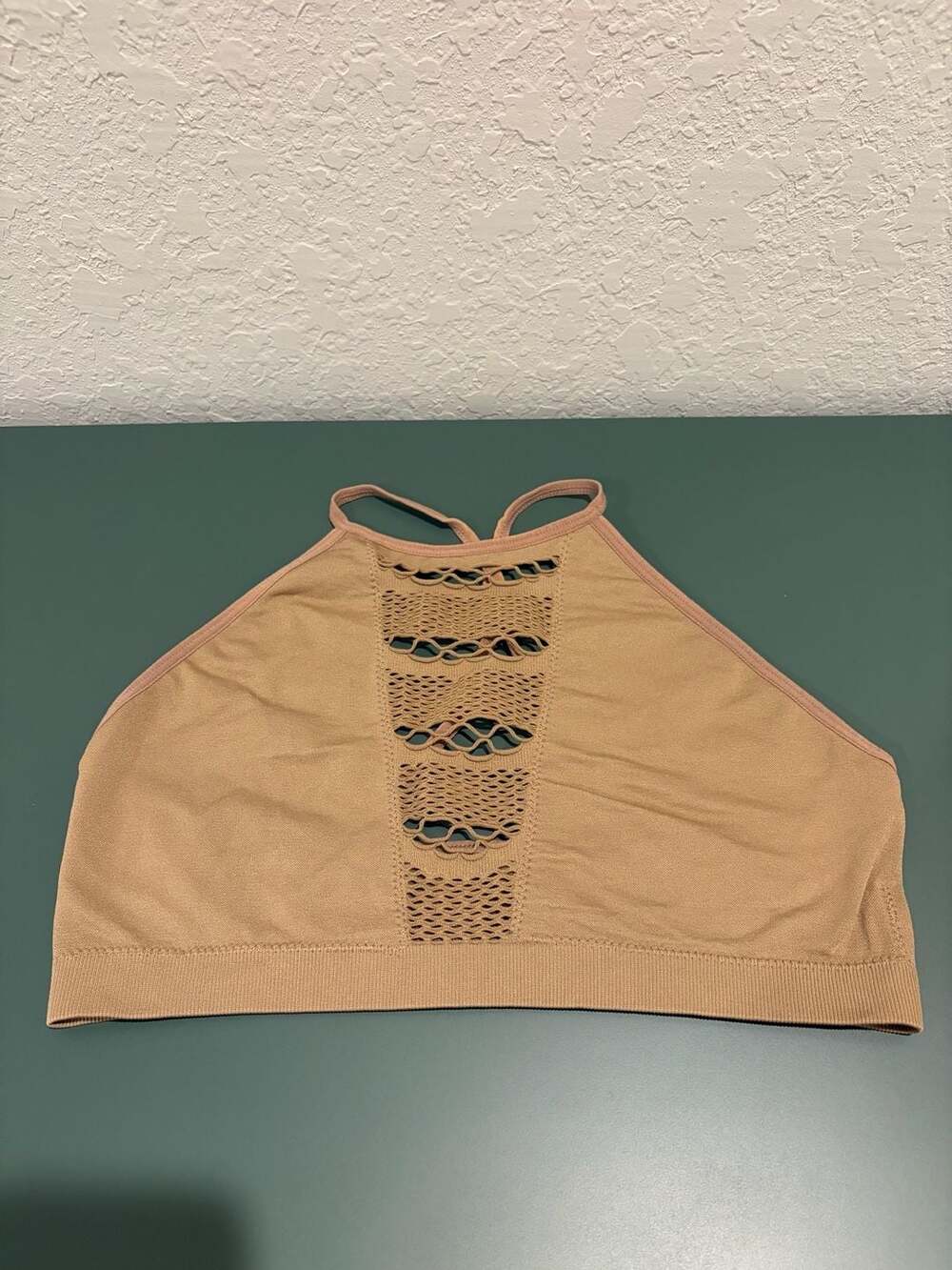 Free People Intimacy Beige Seamless High Neck Criss Cross Cage Mesh Bralette
